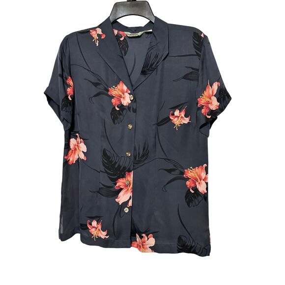Vintage Tommy Bahama Small Black Silk Hawaiian Floral Button Blouse Top - Picture 1 of 3